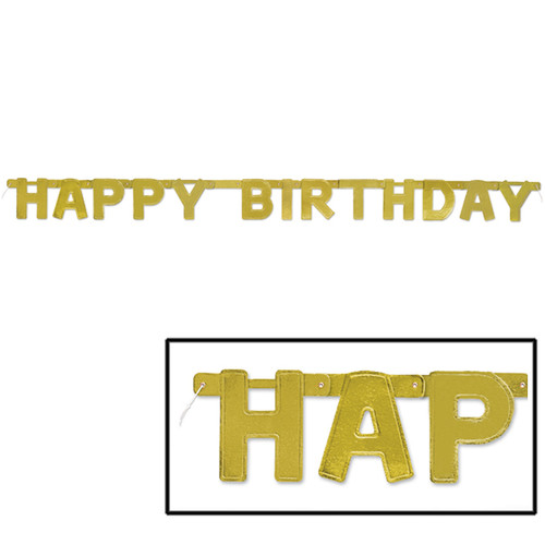Golden Birthday Jointed Banner. This banner features metallic gold jointed cardstock letters that spell out “Happy Birthday”. Measures 4ft.