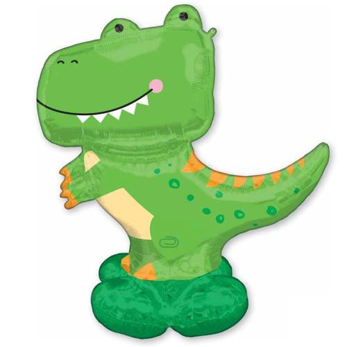 Airloonz T-Rex Balloon. This DIY self-sealing balloon features a cute smiling T-Rex and a green base. Includes elastic band for tying and a straw for inflating. Measures 54in.