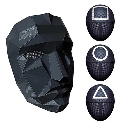 Squid Game Mask. This plastic full face mask features see through mesh design eyes and an attached elastic band. One size fits most. Includes 1 mask. Squid Game Mask. This plastic full face mask features see through mesh design eyes and an attached elastic band. One size fits most. Includes 1 mask.
