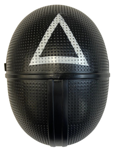 Deadly Game Mask - Triangle. This black plastic full face mask features see through mesh design with a white triangle symbol and an attached elastic band. One size fits most older teens and adults.