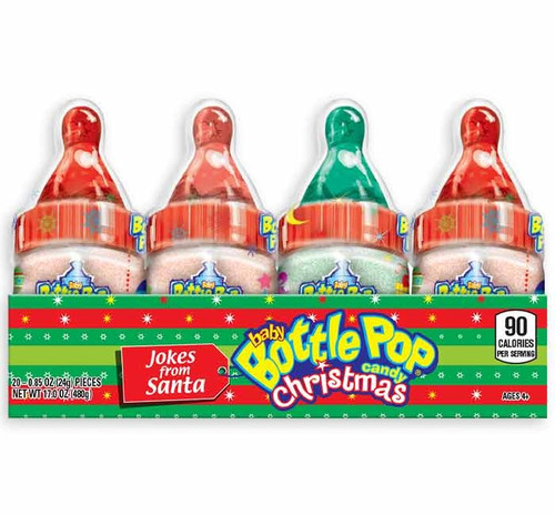 Christmas Baby Bottle Pop. This candy pop features a flavored powder for dipping. Includes 1 count .85oz bottle pop, color and flavor may vary.