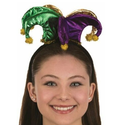 Mardi Gras jester hats and fleu de lis in purple, green and yellow printed  on 5/8 white single face satin ribbon, 10 yards
