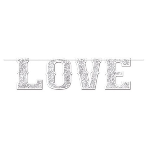 Love Streamer. This streamer features LOVE spelled out in prismatic silver letters with a white ribbon hanger. Assembly required. Measures 14.25in x 6ft.