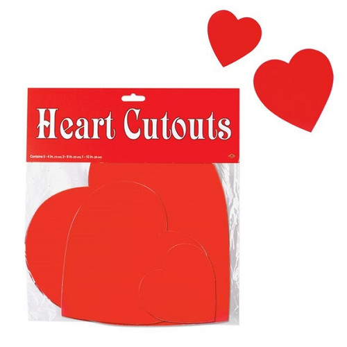 Heart Assorted Cutouts. These 2-sided cardstock cutouts feature assorted red hearts. Package includes 5 count 4in, 3 count 8.5in, and 1 count 12in cutouts.