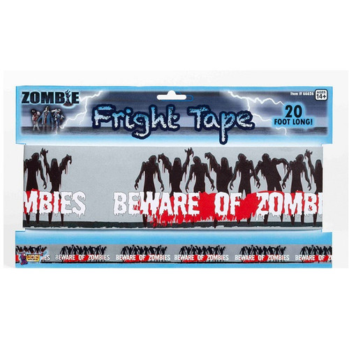 Zombie Warning Tape. This plastic tape features printed zombie silhouettes with "Beware Of Zombies" in white letters. Measures 3on x 20ft.