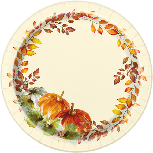 Watercolor Fall Pumpkins Dessert Plates. These small, cream-colored paper plates feature a watercolor pumpkin and leaves design. Package includes 8 count 7in plates.