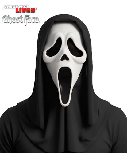 Ghost Face Mask. This vinyl face mask features eye and nose holes and an attached black shroud. One size fits most adults and older teens.