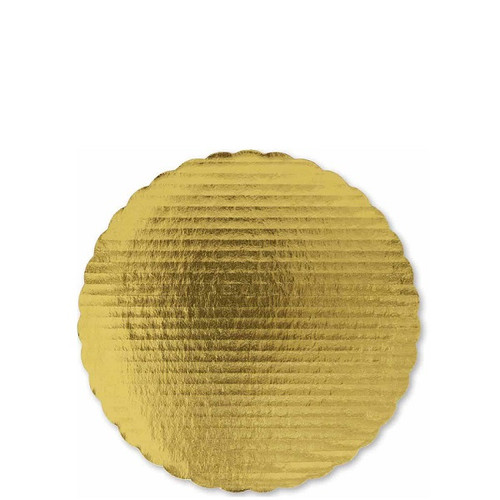 Gold Laminated Cake Board 10in. Gold, corrugated cardboard Cake Boards are grease resistant and have a decorative scalloped edge. There is no need to wrap the board in foil or use a doily with this cake board. The shimmery gold surface has a damask-like pattern. Gold Laminated Cake Board 10in. Gold, corrugated cardboard Cake Boards are grease resistant and have a decorative scalloped edge. There is no need to wrap the board in foil or use a doily with this cake board. The shimmery gold surface has a damask-like pattern.