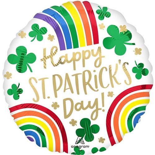This St. Patrick's Day Rainbows Balloon is circular with a white background with green and gold shamrocks and rainbows, featuring "Happy ST. PATRICK'S Day" in a combination of gold capital letters and script. Balloon is approximately 18 inches after inflation.