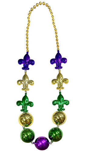 Mardi Gras Jumbo Fleur de Lis Necklace. This eye-catching necklace features metallic gold beads transitioning to purple, green, and gold fleur de lis and larger round beads. One size fits most.