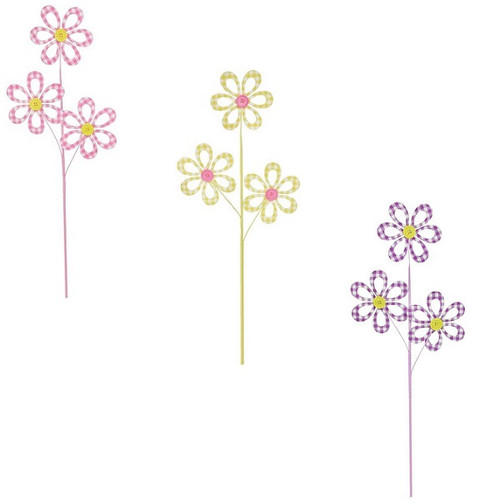 Add some springtime splendor to your decorative wreaths and centerpieces with this Hollow Gingham Flower Spray! This wire spray features a trio of foam gingham flowers with buttons in the center. Measures 26in.