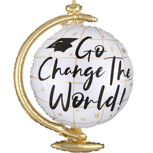 Go Change The World Balloon. Shaped like a white globe with gold accents and a matching stand, this balloon displays the message "Go Change The World!" written in black script with a classic black graduation cap beside the text. Balloon is approximately 23 inches after inflation.