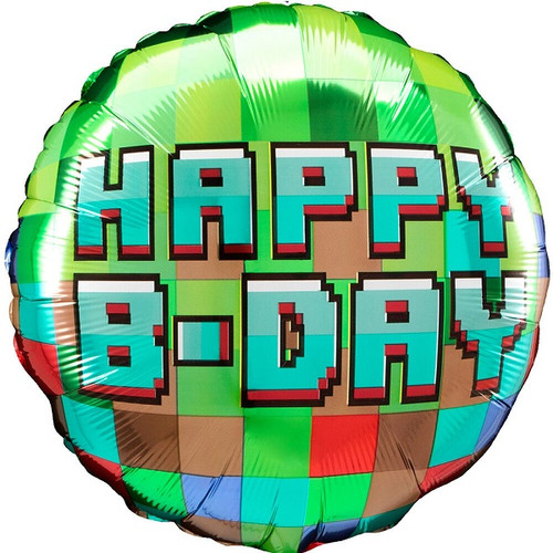 This circular balloon features "HAPPY B-DAY" in blocky text on a multicolor pixel pattern. Balloon is approximately 18 inches after inflation.