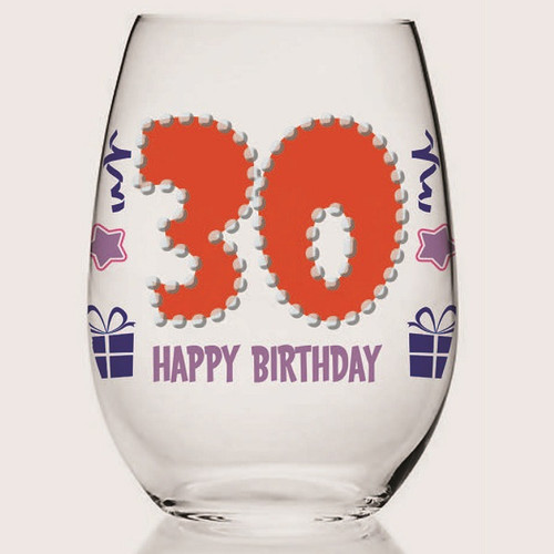 30th Birthday Stemless Wine Glass. This wine glass features a painted design with jewel accents and "30 Happy Birthday" in red numbers and purple letters. Holds up to 15oz.