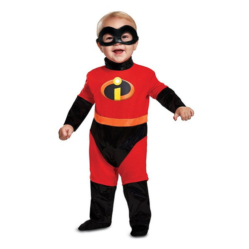 Incredibles Infant Classic. This costume features a jumpsuit and mask. Socks not included. Available in sizes 6 - 12 months and 12 - 18 months.