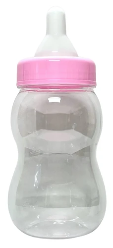 Pink Baby Bottle Bank - 12in. This bank features a clear plastic bottle design with a pink cap.