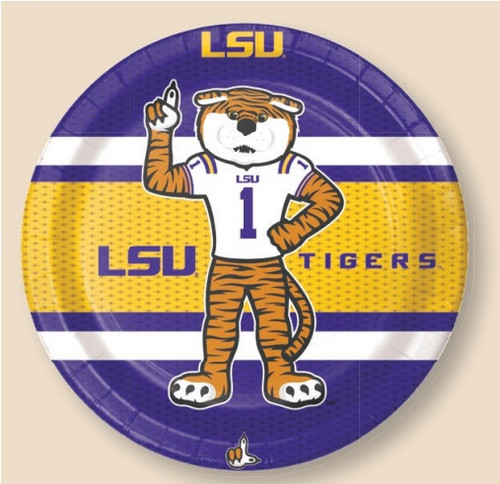 Mike the Tiger Luncheon Plates. These purple, yellow, and white paper plates feature the LSU logo and the team mascot. Package includes 8 count 9in plates.