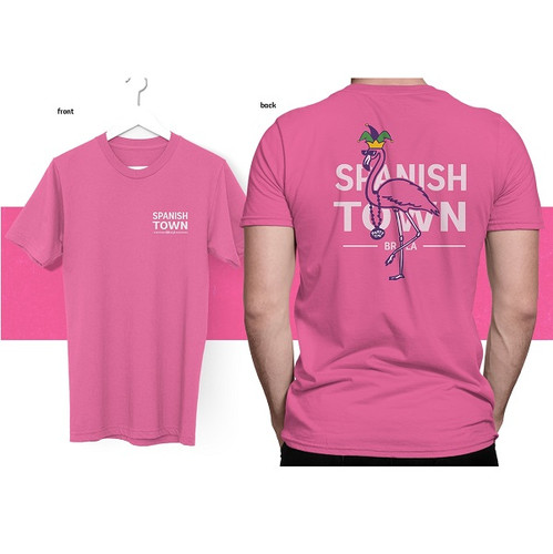 Spanish Town T-Shirt. This pink cotton shirt features the Spanish Town logo on the front and back with a flamingo wearing a Mardi Gras jester hat. Available in sizes Small, Medium, Large, X Large, and 2X Large.