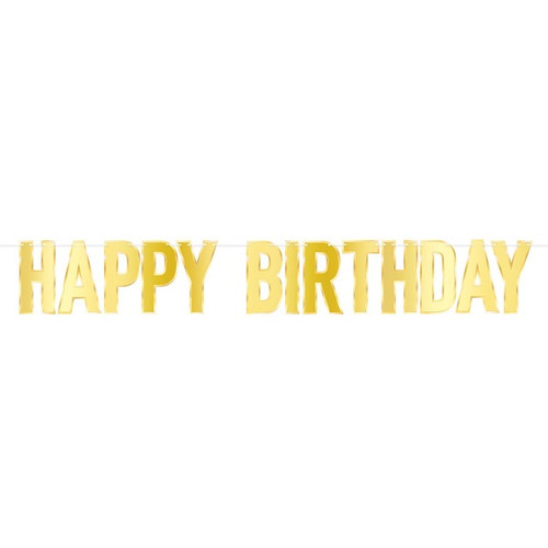 Foil Happy Birthday Streamer. This decorative streamer features "Happy Birthday" spelled out in shiny gold letters with a matte gold trim on a white ribbon. Assembly required. Measures 7.25in x 4ft 9in.