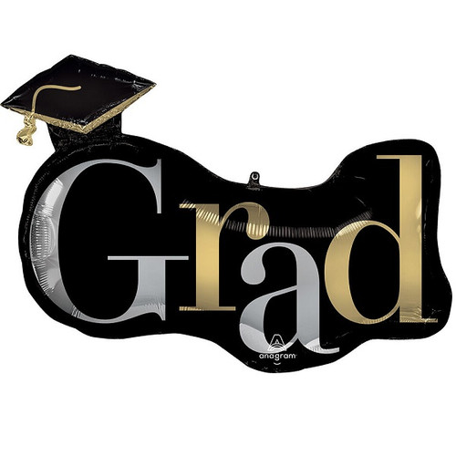 Class Dismissed Balloon. This black balloon is shaped around the word "Grad" in silver and gold text. A classic black graduation cap with a shimmering gold tassel sits on top of the "G". Balloon is approximately 33 inches after inflation.
