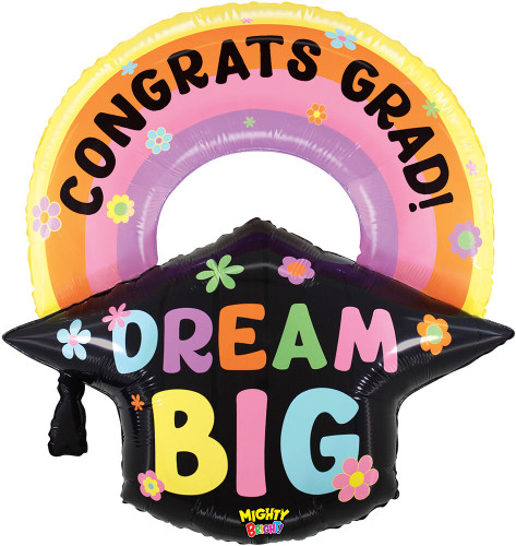 Mighty Dream Big Pastel Grad Balloon. Shaped like a classic black graduation cap, this balloon features "DREAM BIG" in big, multicolor letters. A pastel rainbow arches over the cap with "CONGRATS GRAD!" in black text, with colorful flowers. Balloon is approximately 30 inches after inflation.