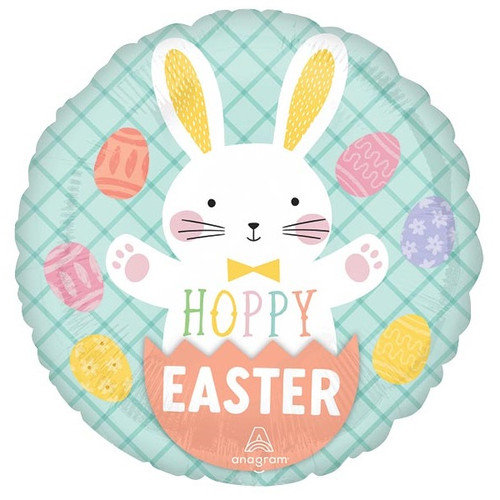 Hoppy Easter Balloon. This round balloon features a seafoam green gingham background with a cheerful white bunny popping out of an egg. With yellow inside its ears, a matching yellow bowtie, this bunny has colorful Easter eggs surrounding it. Features playful "HOPPY EASTER" text. Balloon is approximately 18 inches after inflation.