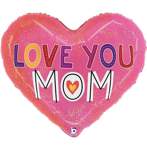 Love You Mom Heart Balloon 24in Pink and red ombre Heart shaped balloon with Love You Mom