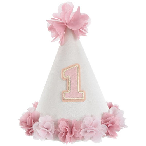 Your 1st birthday girl can wear this Little Miss Onederful Cone Hat! This white cone hat features pretty pink and light pink fabric flower trim with matching pom pom on top and a number 1 in the center. Measures 7 inches by 5 inches.