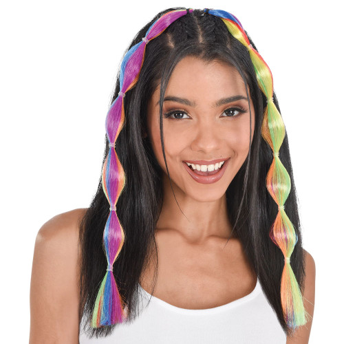 Create a vibrant and unique look for your hair with this Rainbow Bubble Braid Extension! This fun extension features 2 colorful synthetic hair pieces in a bubble braid design with 2 small, attached hair clips. Package includes 2 count braids that measures 16 inches long.