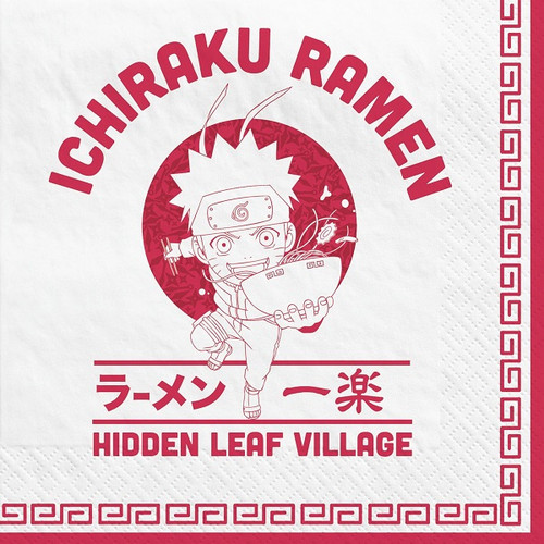 Complement your birthday ninjas party drinks with these Naruto Beverage Napkins! These small, white paper napkins feature Narutos favorite restaurant dish Ichiraku Ramen and location Hidden Leaf Village. Package includes 16 count, 5 inch by 5 inch napkins. Complement your birthday ninjas party drinks with these Naruto Beverage Napkins! These small, white paper napkins feature Narutos favorite restaurant dish Ichiraku Ramen and location Hidden Leaf Village. Package includes 16 count, 5 inch by 5 inch napkins.