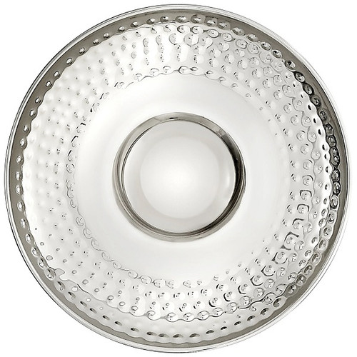 This Stainless Steel Chip & Dip Tray is a versatile addition to your party! This sturdy tray features a section for dip and a shiny metallic silver finish with a stylish hammered design. Measures 13.75 inches.