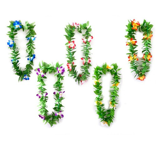 Dress up for the summer luau celebration with this Tropical Leaf & Hibiscus Flower Lei! This lei features bright green fabric leaves with colorful hibiscus flower accents. Includes 1 lei, color may vary. One size fits most.