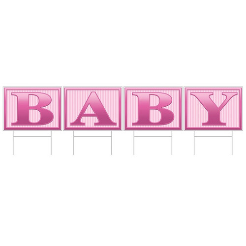 Let everyone know youre having a baby girl with this Pink Baby Yard Sign! This corrugated plastic sign spells out Baby in pink letters. Package includes 4 individual signs to create a 6 foot sign and 4 metal stakes. Let everyone know youre having a baby girl with this Pink Baby Yard Sign! This corrugated plastic sign spells out Baby in pink letters. Package includes 4 individual signs to create a 6 foot sign and 4 metal stakes.