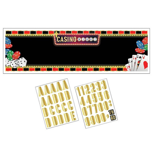 Get your casino themed party ready when you decorate with this Roll The Dice Personalized Banner Kit! Package includes 1 count, 65 inch by 20 inch banner with 132 numbers and characters. Get your casino themed party ready when you decorate with this Roll The Dice Personalized Banner Kit! Package includes 1 count, 65 inch by 20 inch banner with 132 numbers and characters.
