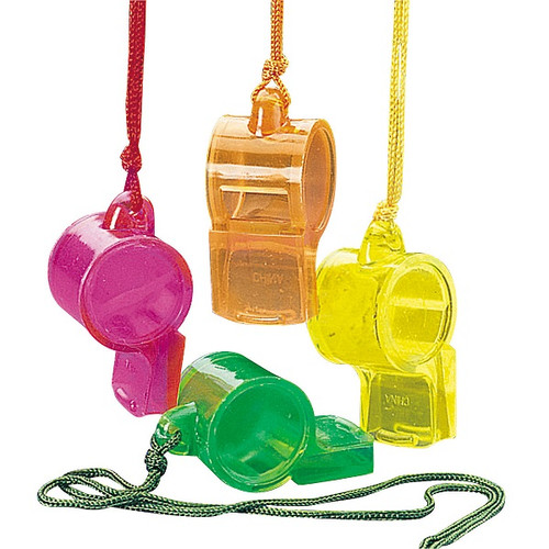 Let them make some noise at your party with these Transparent Whistles! These plastic whistles feature a clear plastic design with neon colors and a matching cord. Package includes 12 count, 2 inch whistles with 35 inch cords. Let them make some noise at your party with these Transparent Whistles! These plastic whistles feature a clear plastic design with neon colors and a matching cord. Package includes 12 count, 2 inch whistles with 35 inch cords.