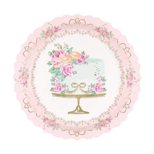 These Golden Garden Party Scalloped Plates are sure to add an elegant look to your bridal shower! These white paper plates feature a pretty pink scalloped border with gold foil accents and a beautifully decorated flower cake in the center.  Package includes 8 count, 9 inch plates. These Golden Garden Party Scalloped Plates are sure to add an elegant look to your bridal shower! These white paper plates feature a pretty pink scalloped border with gold foil accents and a beautifully decorated flower cake in the center.  Package includes 8 count, 9 inch plates.