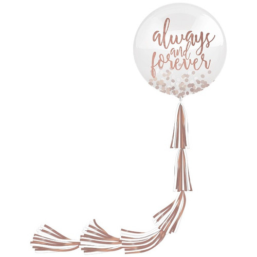 Add some extra love to your wedding or bridal shower decorations with this Always & Forever Giant Balloon! Package includes 1 count, 24 inch balloon, 1 balloon cup, 1 count, 63 inch tail, and 1 piece of 6.6 foot string.