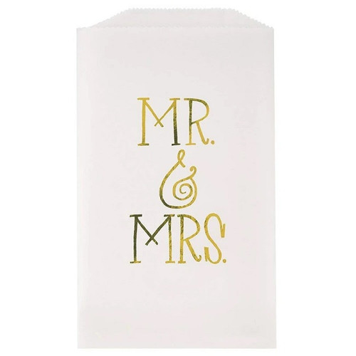 Fill up these Mr & Mrs Glassine Treat Bags with wedding treats and favors! These wax coated paper bags feature Mr & Mrs in gold foil letters. Package includes 8 count, 6.5 inch by 2.75 inch bags. Fill up these Mr & Mrs Glassine Treat Bags with wedding treats and favors! These wax coated paper bags feature Mr & Mrs in gold foil letters. Package includes 8 count, 6.5 inch by 2.75 inch bags.