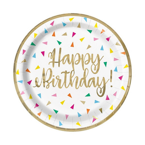 Serve your favorite birthday treats and snacks on these Bright Triangle Birthday Luncheon Plates! These small, white paper plates feature colorful triangles with a gold border and Package includes 8 count, 7 inch plates.