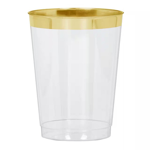 Make your party drinks elegant with these Gold Rim Tumblers! These clear plastic tumblers feature a metallic gold rim accent. Package includes 20 count, 10 ounce tumblers.