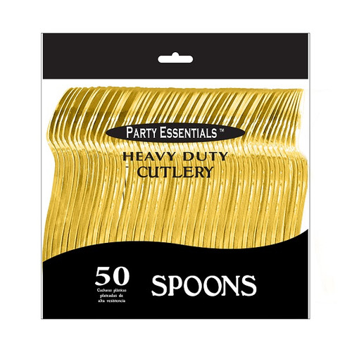 These Heavy Duty Gold Spoons are designed to last at your party or special event! These thick plastic spoons feature a metallic gold design. Package includes 50 count, 6.81 inch spoons. These Heavy Duty Gold Spoons are designed to last at your party or special event! These thick plastic spoons feature a metallic gold design. Package includes 50 count, 6.81 inch spoons.