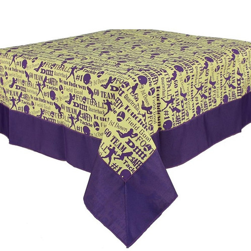 Cover your table for the big LSU game day celebration with this Purple & Yellow Football Touchdown Table Topper! This yellow fabric topper features football themed symbols and phrases in purple with a bold purple border. Measures 54 inches by 54 inches. Cover your table for the big LSU game day celebration with this Purple & Yellow Football Touchdown Table Topper! This yellow fabric topper features football themed symbols and phrases in purple with a bold purple border. Measures 54 inches by 54 inches.