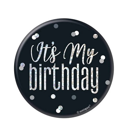 Wear this Birthday Glitz Birthday Badge on your special day! This black button features Its My Birthday in silver prism letters surrounded by dots. Measures 3 inches. Wear this Birthday Glitz Birthday Badge on your special day! This black button features Its My Birthday in silver prism letters surrounded by dots. Measures 3 inches.
