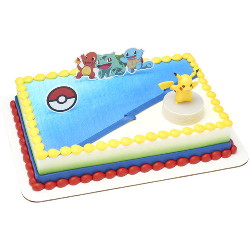 This Pokemon Play Decoset is a fun way to decorate your Pokemon fans cake! Package includes 1 count, 3.5 inch pokeball pick, 1 count, 3.55 inch by 5 inch pokemon characters pick, and 1 count, 3 inch Pikachu with light up base.