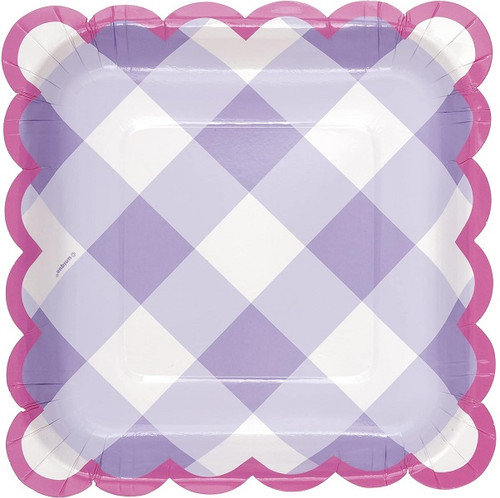 Serve your party desserts and appetizers with these Pastel Gingham Luncheon Plates! These small, white paper plates feature a lavender gingham design with pink scalloped edges. Package includes 8 count, 7 inch plates. Serve your party desserts and appetizers with these Pastel Gingham Luncheon Plates! These small, white paper plates feature a lavender gingham design with pink scalloped edges. Package includes 8 count, 7 inch plates.