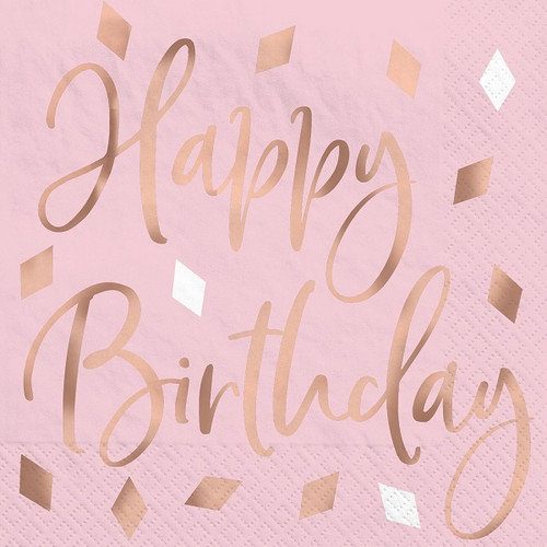 Add some posh style to your party drinks when you complement them with these Blush Birthday Beverage Napkins! These small, blush pink paper napkins feature Happy Birthday in rose gold foil letters. Package includes 16 count, 5 inch by 5 inch napkins.