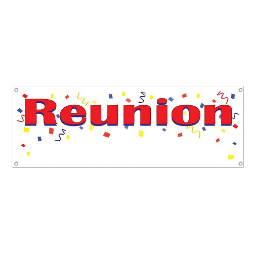 Make sure everyone knows where your family reunion is with this Reunion Sign Banner! This white plastic banner features Reunion in bold red letters and includes 4 grommets for hanging. Measures 5 feet by 21 inches. Make sure everyone knows where your family reunion is with this Reunion Sign Banner! This white plastic banner features Reunion in bold red letters and includes 4 grommets for hanging. Measures 5 feet by 21 inches.