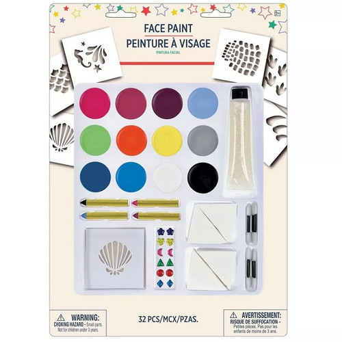 Show off your creative side with this Face Paint Kit! Package includes 12 paints, 4 makeup crayons, 1 glitter gel, 6 stencils, 1 sheet of stick on gems, 4 sponges, and 4 applicators.
