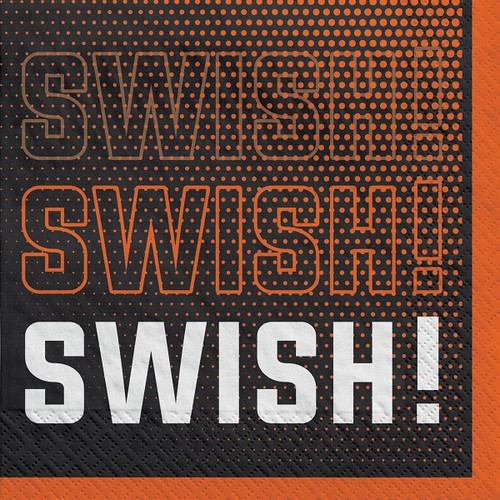 Set your basketball game day party table with these Alley Oop Luncheon Napkins! These black and orange paper napkins feature Swish Swish Swish in orange and white letters. Package includes 40 count, 6.5 inches by 66.5 inches napkins.