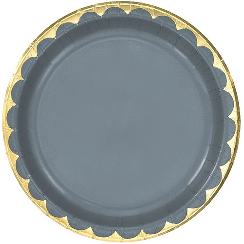 Use these Dark Grey & Gold Foil Luncheon Plates to serve your party treats and snacks! These small, dark grey paper plates feature a gold foil border with a scalloped design. Package includes 8 count, 6.75 inch plates.